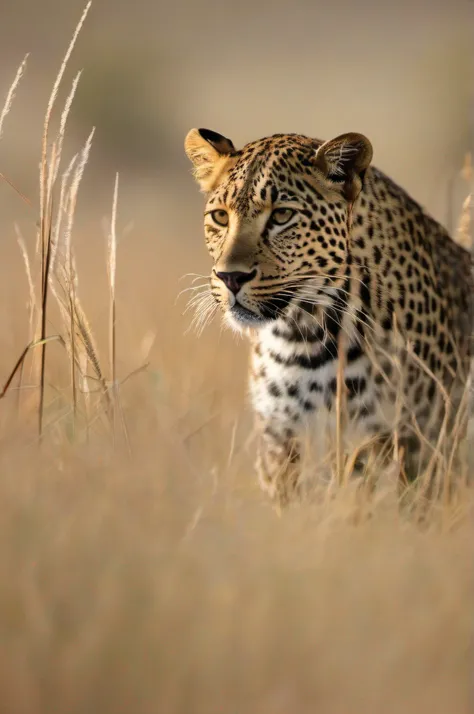 a leopard stalks prey in the tall grass