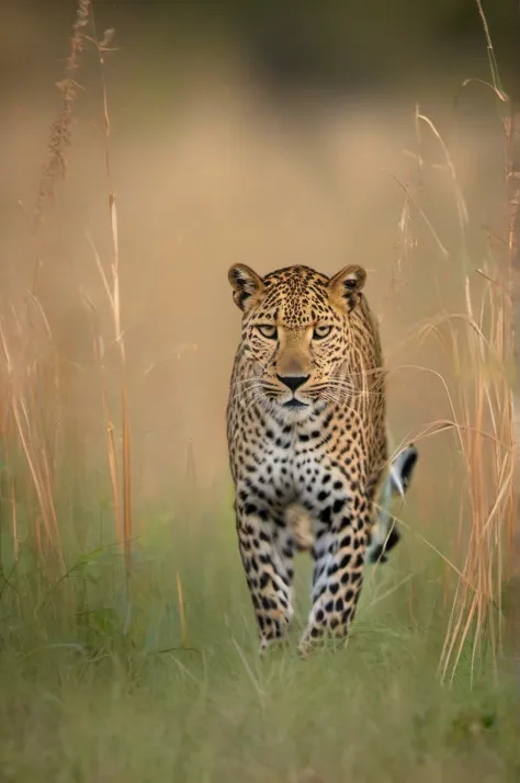 a leopard stalks prey in the tall grass