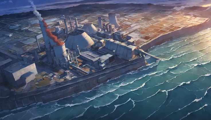 Depicting the appearance of the Fukushima nuclear power plant, Show the drain，Dumping contaminated water into the ocean. Emphasize the contrast between the color of the sewage from the nuclear power plant and the vast sea