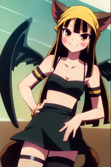 eril mermaid melody, catgirl ,dreadlock, fang, black wings, micro skirt, flipflops, smile, bandana, standing