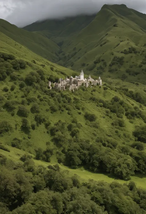 Make a mountain range with green vegetation with trees and a tip that goes to the front seen from afar/medio com foto realismo