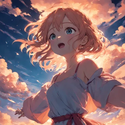 tmasterpiece，best qualtiy，cinematic Film still from，1girl，Cloud Girl，Floating in the sky，closeup cleavage，brightly，cheerfulness，Warm and soft lighting，the sunset，（spark of light：0.7），Wallpaper phone