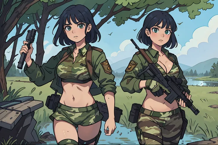 Masterpiece, Comic style, A team of women with guns ,Bikini camouflage uniform, Ride through the swamp,Rained