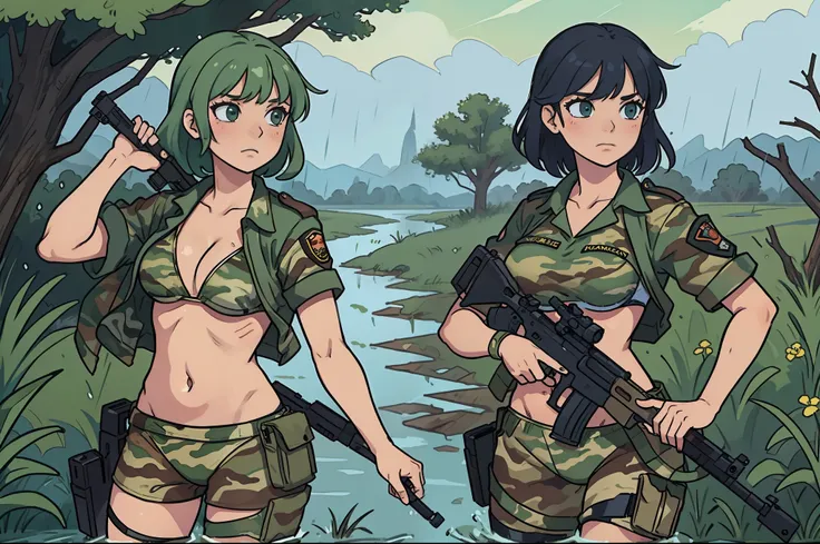 Masterpiece, Comic style, A team of women with guns ,Bikini camouflage uniform, Ride through the swamp,Rained