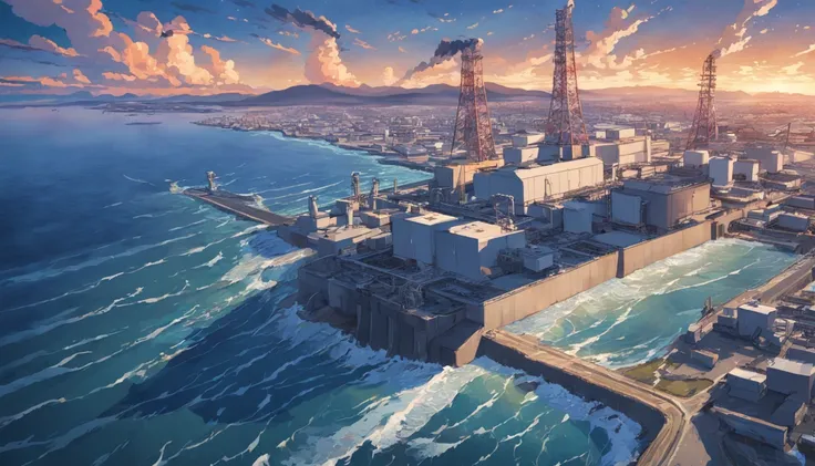 Depicting the appearance of the Fukushima nuclear power plant, Show the drain，Dumping contaminated water into the ocean. Emphasize the contrast between nuclear power plants and the vast sea