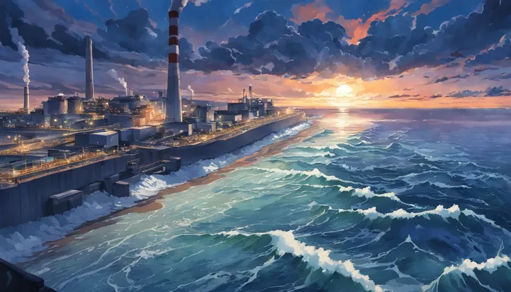 Depicting the appearance of the Fukushima nuclear power plant, Show the drain，Dumping contaminated water into the ocean. Emphasize the contrast between nuclear power plants and the vast sea