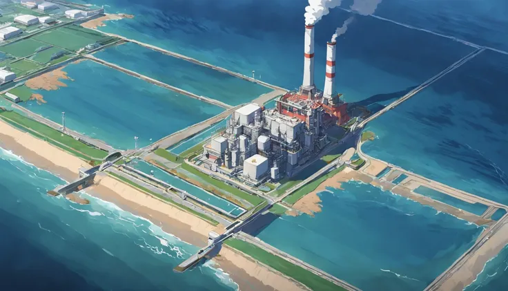 Depicting the appearance of the Fukushima nuclear power plant, Show the drain，Dumping contaminated water into the ocean. Emphasize the contrast between nuclear power plants and the vast sea