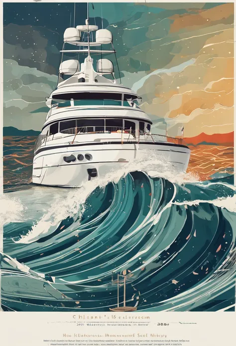 A poster of Gala dinner, 15 anniversal of logistic company, color photo of a white large yacht and ocean waves combined into an artistic painting. The image reflects on the night sea. The focal point of the artwork is a majestic yacht, its sleek lines cutt...