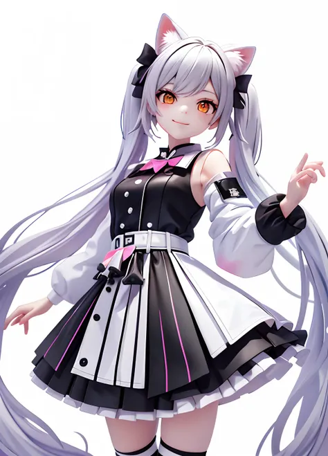 tmasterpiece， Best quality at best， 1girll， Eve （tas）,The upper part of the body，looking at viewert，patterned，teens girl,Silvery-white curls((((twintails ))))，orange eyes，Pink pick dye,M bangs,flatchest,,slim,ssmile,Black and white JK uniform，Pink bow，Silv...