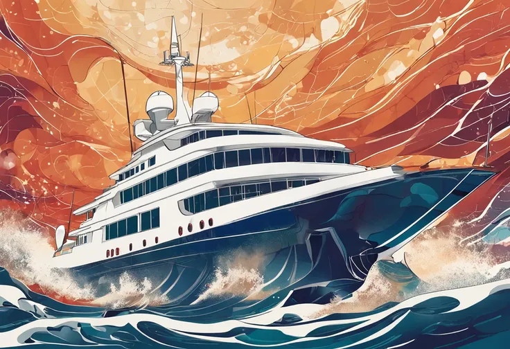 A poster of Gala dinner, 15 anniversal of logistic company, color photo of a white large yacht and ocean waves combined into an artistic painting. The image reflects on the night sea. The focal point of the artwork is a majestic yacht, its sleek lines cutt...