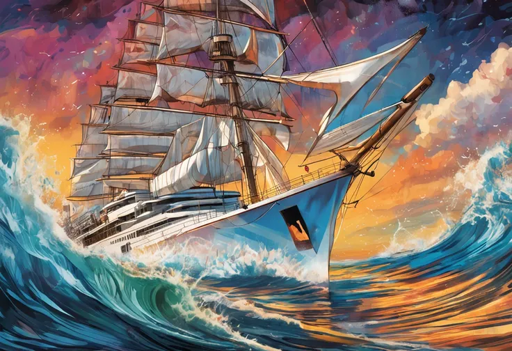 A poster of Gala dinner, 15 anniversal of logistic company, color photo of a white large yacht and ocean waves combined into an artistic painting. The image reflects on the night sea. The focal point of the artwork is a majestic yacht, its sleek lines cutt...