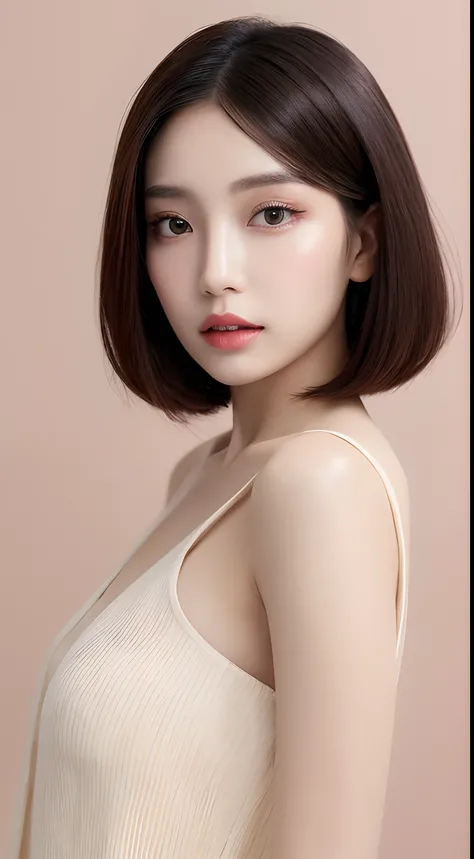 one Filipina model , hair model, Unique short hair details, elegant virtual fashion, Near future , double eyelid, plump lips, professional makeup