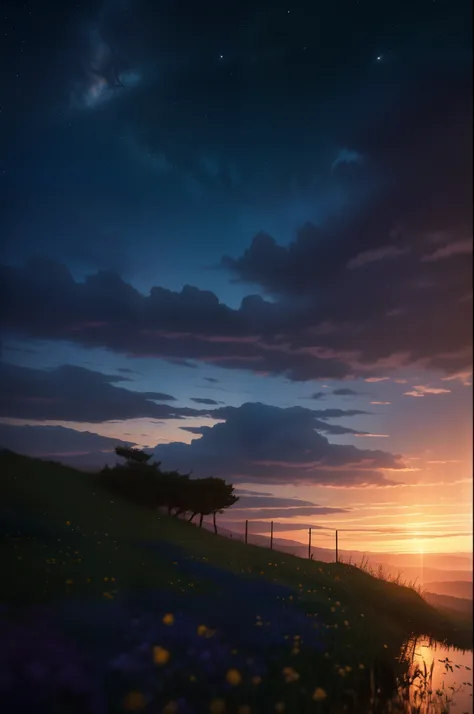 3 points of composition，in style of hayao miyazaki，（Hayao Miyazaki animated film：1.4），1 Outdoor girls，Floral slip dress，Qi bangs straight long hair， the night， starrysky， in a panoramic view， scenecy， horizon，hilltop， Sit on top of the hill，Knees folded， v...