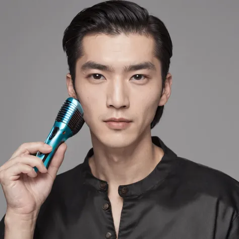 A Chinese man holds an electric razor in one hand，Take a photo of the razor brand，ad campaign，H3H3，Taoist，shot of，beauty retouch，Cool and bright tones，Dua Lipa，Official Product Pictures，inspired by Luo Ping，Clean face and body skin