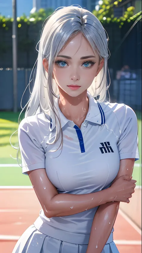 absurd, masterpiece, best quality, realistic, hyper-detailed, (shiny skin, sweaty:1.4), slender, looking at viewer, 1girl, solo, tennis wear, white polo shirt, white sneakers, white miniskirt, long hair, silver hair, blue eyes, (thick thighs:0.5), dynamic ...