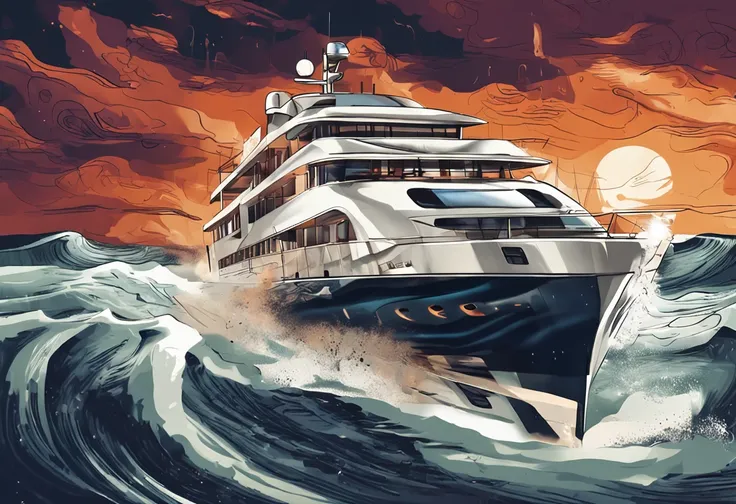 A poster of Gala dinner, 15 anniversal of logistic company, color photo of a white large yacht and ocean waves combined into an artistic painting. The image reflects on the night sea. The focal point of the artwork is a majestic yacht, its sleek lines cutt...