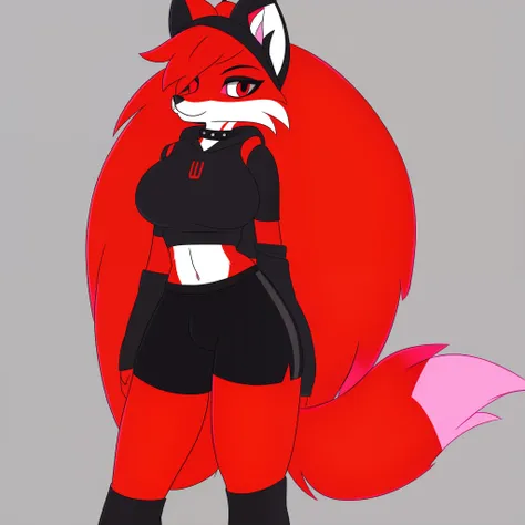 Furry, e621, Furry fox, red hair, black colored sleeveless arm sweatshirt and v-collar, red t-shirt under sweatshirt, man, skinny, big thighs, black shorts, brand making a tip in the eyes, black makeup, big topknot with pink tips, big hair with pink tips, ...