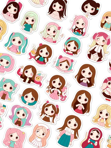 Cute tape stickers and handbook stickers background,two-dimensional illustrations, full-body portraits of girls,dopamine-coloured outfits, big eyes, smiling faces,high-cold beauty, animated gifts, aristocratic depictions, gentle and elegant,
ultra-high-def...