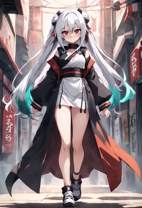 anime girl jiraikei outfit, full body concept design, outfit design, gothic black and white design with hints of color, multicolored hair, tsundere