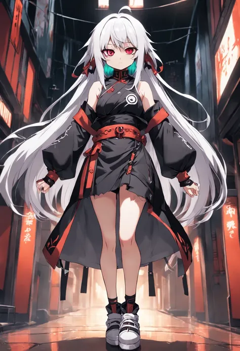 anime girl jiraikei outfit, full body concept design, outfit design, gothic black and white design with hints of color, multicolored hair, tsundere