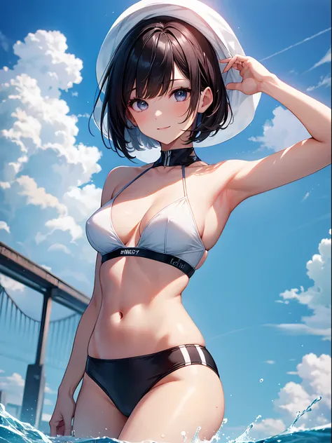 top-quality、8K、4K、hight resolution、1 pretty girl、((close range:1.3)),1 Beautiful Pale Girl,a smile、(A dark-haired,a short bob:1.3),wearing a swimming wear、swimming pools、Upper body is shown、(masutepiece:1.3), (8K, Best Quality),Beautiful face,  Beautiful d...