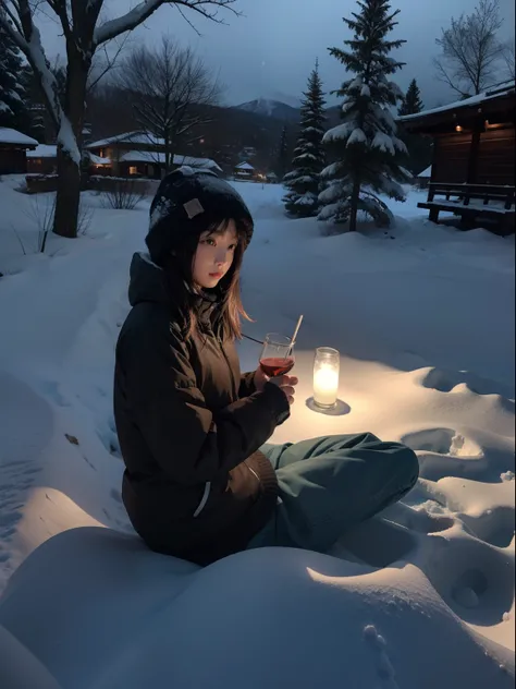 sake drunk while viewing a snowy scene in dark shadow by moon lighting