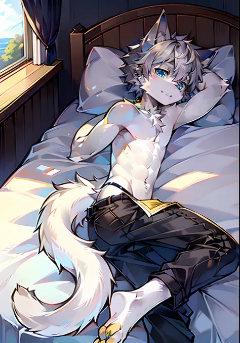 Bright eyes, panorama, character focus ,solo, furry, furry male cat, male yellow-white fur, blue eyes, gray hair (long), bare body, lying on bed without pants, young style, height one meter seven, handsome, has a tail,