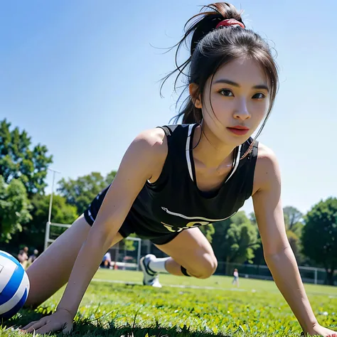 ((tmasterpiece, best qualtiy)),A highly detailed,8K,realistic focus,intricately details,Big Chinese Girl,Female volleyball player,Womens volleyball uniform,Wearing the number 9 shirt,Socks on the knees,(((volleyball field))),A tall man,long leges,pony tail...