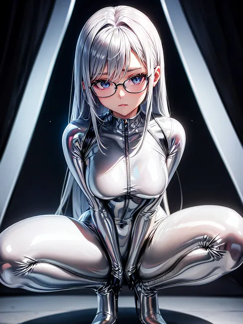 5 8K UHD、Silver shiny silver full-body rider suit with glasses silver hair and small-nosed beauty squatting with crotch wide open、Shiny silver latex slider suit with hidden skin