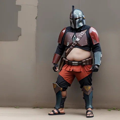 "Create an image of a Mandalorian wearing his iconic helmet,sin armadura, luciendo una vibrante camisa hawaiana, pantalones cortos rojos, y sandalias, with the distinctive characteristic of being overweight."