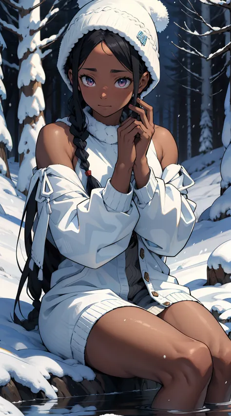 "Desenhe uma cena de anime encantadora, where a dark-skinned black woman is the highlight. Shes sitting in the snow, envolta por um ambiente totalmente branco. Her black hair falls softly over her shoulders as she warms herself in her hands. todo cabelo tr...