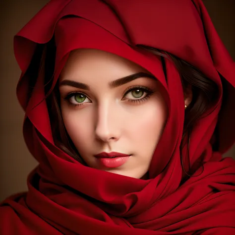 Longing woman wearing a red scarf and a green scarf, Portrait photo of a beautiful, very beautiful portrait, Red scarf, beautiful portrait image, color photograph portrait 4k, Beautiful portrait, stunning portrait, Portrait shooting, Wonderful, impossibly ...