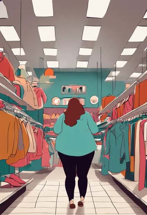 "Create images that capture reality: A 40-year-old woman, With obesity, Sad to try on clothes in a department store."