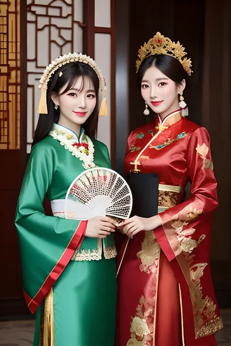 Two Asian women dressed in traditional costumes pose for a group photo, Traditional Chinese clothing, elegant，ellegance，Holding a fan