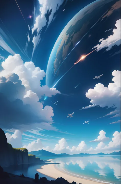 An anime scene of a planet with beaches and bodies of water, Cosmos Sky，heaven planet in background, Flying birds，Planes/American F22 fighter/），Shooting stars that streaked by，Spaceship，Anime art wallpaper 8 K, beautiful anime scenery