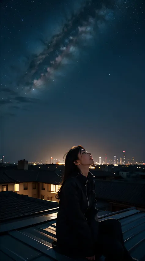 Close-up，A girl sits on a roof,Look up at the starry sky in the night sky。On the horizon in the distance,The silhouette of several buildings can be seen。She felt the comfort of the night breeze。The whole scene is calm and beautiful