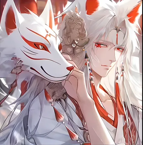 Anime boy with white hair and red eyes holding a white cat, White-haired fox, white fox anime, with kitsune mask, kitsune three - tailed fox, Kitsune, From Arknights, Keqing from Genshin Impact, Beautiful fox demon man, onmyoji, zhongli from genshin impact...