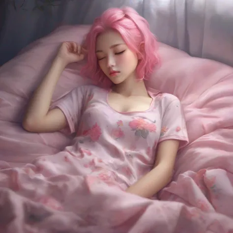 Sleeping girl，22 岁，PhotoRealistic，She wears sexy pajamas，Pink Hair。Half a chest