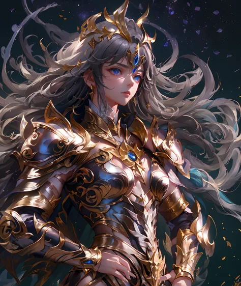 Ultra-high saturation，（tmasterpiece）， fully body photo，（best qualtiy）， （1girll）， starryskybackground，Wearing shiny gold armor， Sexy lingerie type armor，Expose your chest，Expose the waistline，Exposing thighs，cool-pose， Saint Seiya Armor， messy  hair，high de...