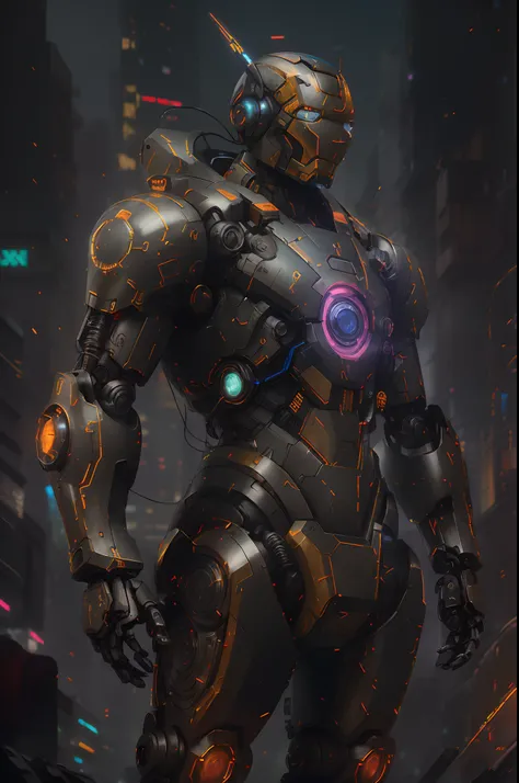 there is a robot that is standing in the street, deep cyberpunk mechanoid, cyberpunk iron man, painterly humanoid mecha, cyberpunk mechanoid, wojtek fus, advanced digital cyberpunk art, beautiful robot character design, 4k highly detailed digital art, wlop...