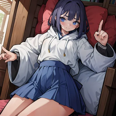 a single young woman. her hair that fade from white to black, reaching her lower back. Her blue eye. She wear a hoodie and pleated skirt and she have pettie and adorable, giving a middle finger, looking at the camera, smug face. Japanese house