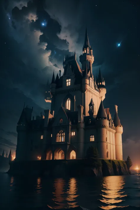 A magnificent Gothic castle floating on the water and a celestial backdrop of meteors falling in the night sky