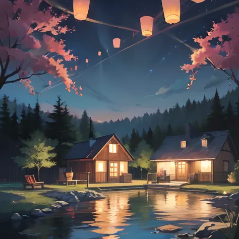 Paint a heartwarming scene of a classic hand-drawn cartoon character in the style of Walt Disney. Picture a cozy, pastel-colored cottage by a tranquil lake. The character, with eyes brimming with wonder, shares tea with talking animals as fireflies create ...