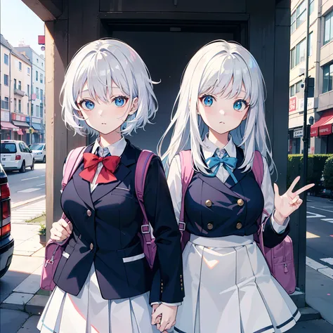 one-girl，One in a backpack，girl wearing school uniform，white color hair，Carrying backpacks and backpacks, eBlue eyes, Cute anime pose, up of young anime girl, JK school uniform, anime moe art style, anime big breast, anime visual of a cute girl