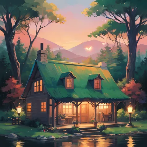 Paint a heartwarming scene of a classic hand-drawn cartoon character in the style of Walt Disney. Picture a cozy, pastel-colored cottage by a tranquil lake. The character, with eyes brimming with wonder, shares tea with talking animals as fireflies create ...