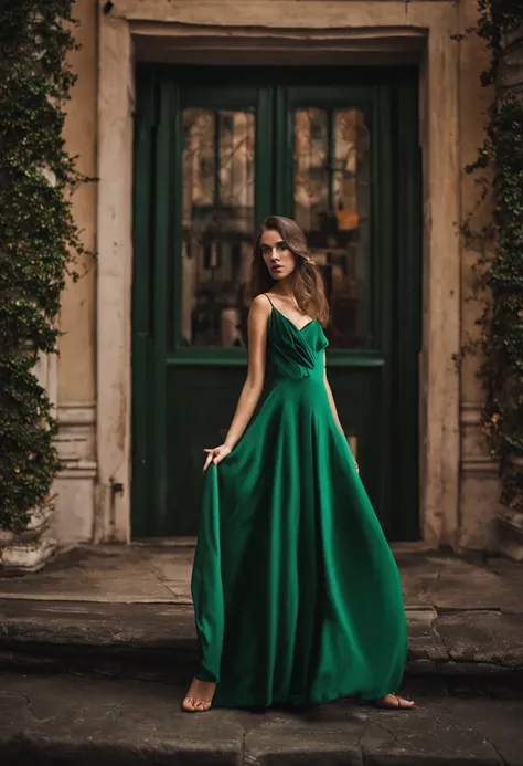 arafed woman in nude standing in front of a window, a picture by Juan OGorman, shutterstock, renaissance, green dress, high quality image, dark green dress, monia merlo, she wears a dark green dress, wearing an elegant dress, romantic dress, girl in a dres...