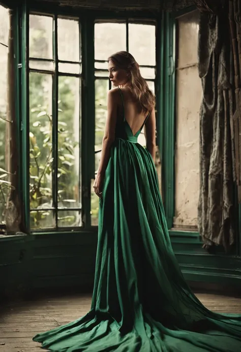 arafed woman in nude standing in front of a window, a picture by Juan OGorman, shutterstock, renaissance, green dress, high quality image, dark green dress, monia merlo, she wears a dark green dress, wearing an elegant dress, romantic dress, girl in a dres...