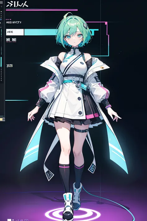 Short letters, Tsundere, Low exposure, sharp, Delicately, complex costume, Cool costume blueprints, intricate clothing, Green hair, Full body, ASCII art style girls, Aesthetic, still from anime, anime still image, Anime screenshot patterns, retro anime , b...