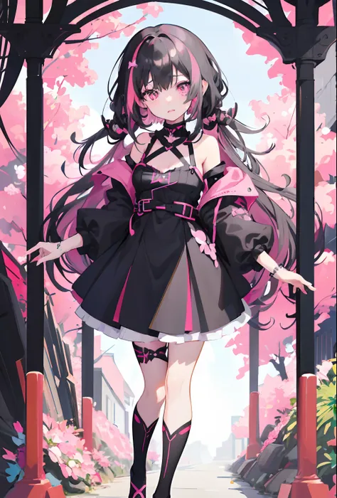 anime girl in a black dress with pink accents, pink and black goth dress, white background, cute anime waifu in a nice dress, an...