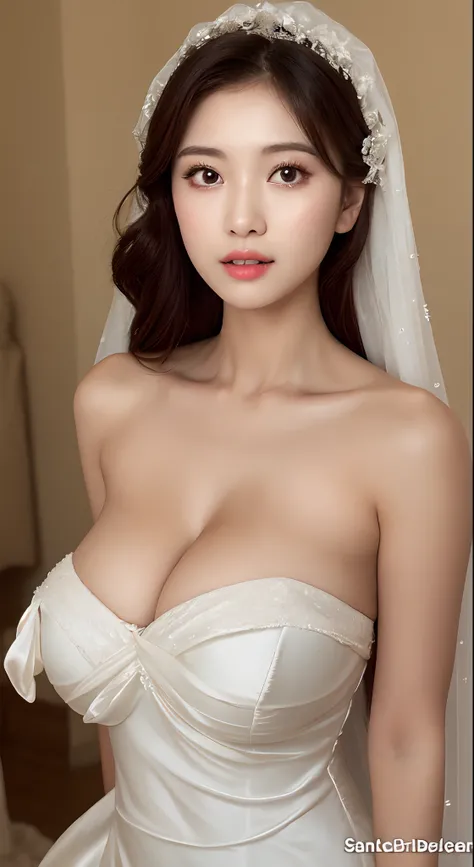 （8K， Highest high resolution：1.3）， 1 girl with a perfect body， Super fine face，eyes with brightness，random hair style， Shoulders exposed，((Bandeau dress，wedding gown，tight-fitting，huge tit))， Expose cleavage，Exposing thighs